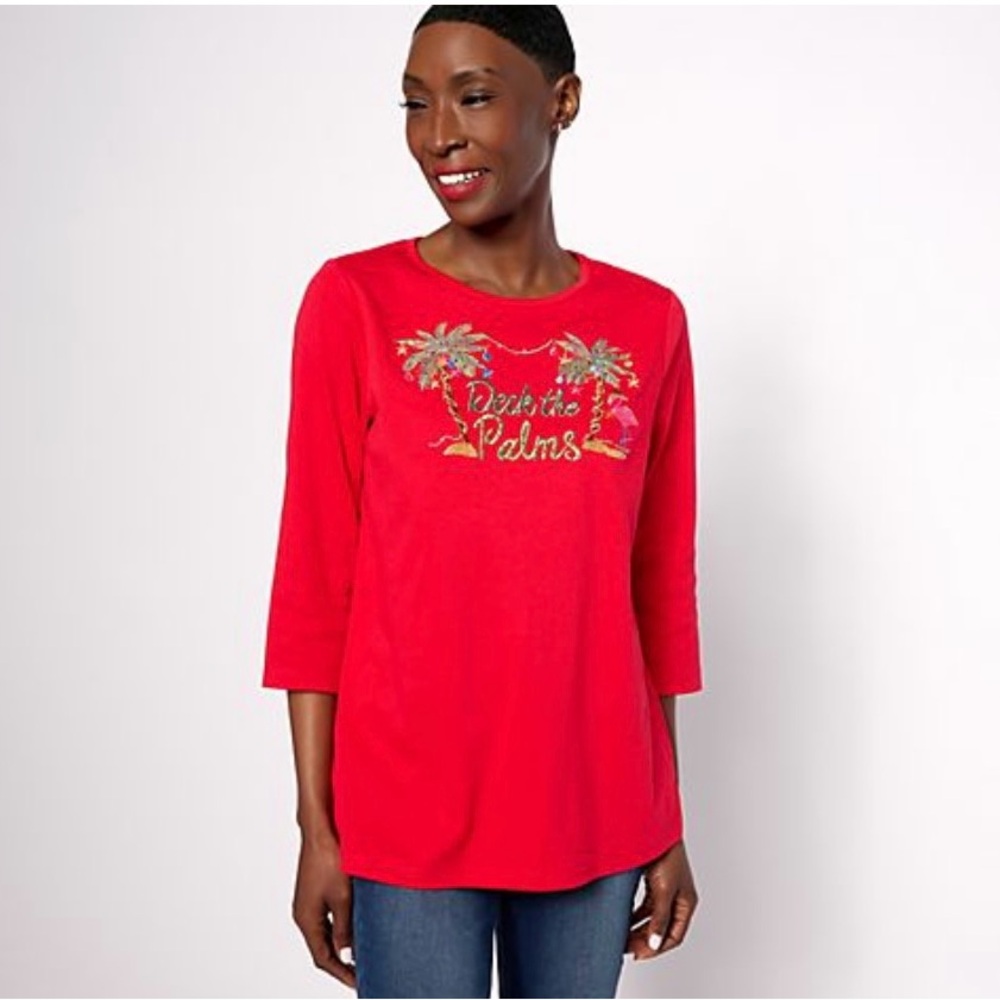 Quacker Factory A Beachy Christmas 3/4 sleeve top with embroidery in red